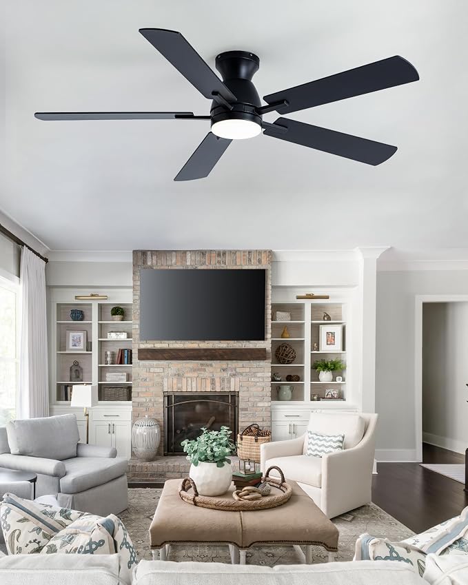 Coolwind 52in 5 Blade Black Flush Mount Dimmable Ceiling Fan | APP and Remote Control, Low Profile Bedroom Ceiling Fan with 6 Speeds & 3CCT, Quiet DC Motor for Indoor/Outdoor Use
