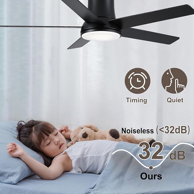 52 Inch Pro Black Flush Mount Ceiling Fans with Lights and Remote | 3CCT Dimmable LED, 6 Speed, Quiet DC Motor, 3-Level Timer Function, Forward/Reserve For all Seasons, Indoor/Covered Outdoor