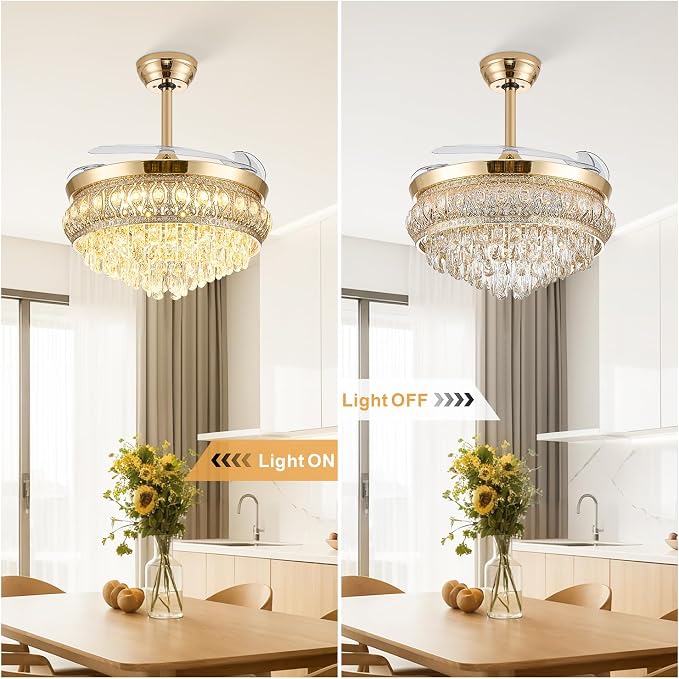 42" Fandelier Ceiling Fan with Light, Crystal Retractable Ceiling Fan with Lights and Remote, Chandelier Fans for Bedroom Living Room, Reversible DC Motor, Dimmable, 6 Speeds -Gold