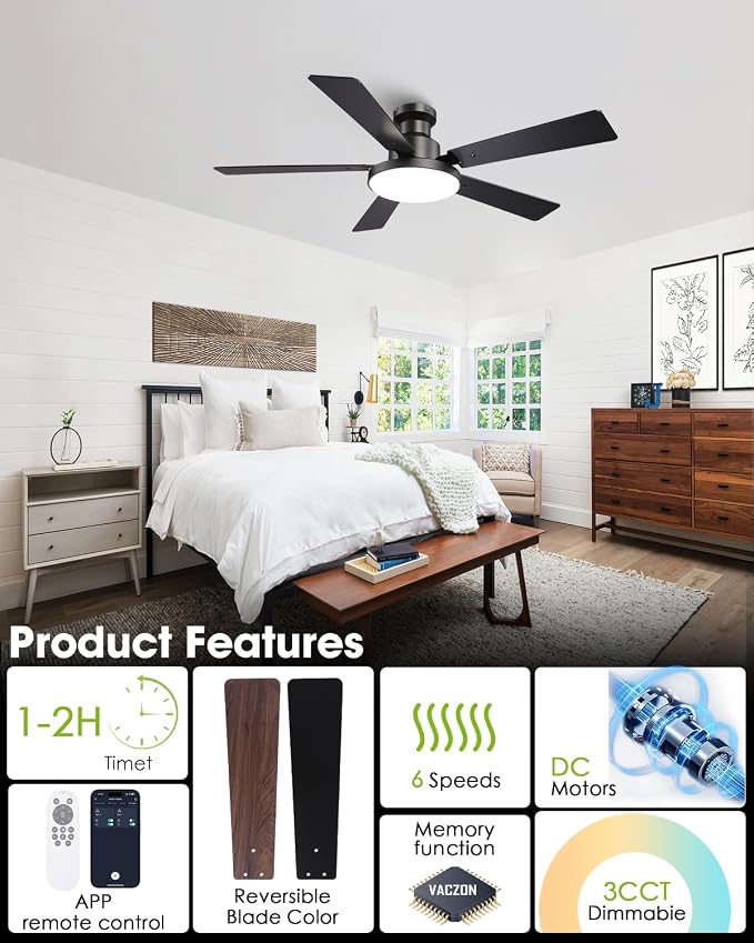 52 Inch Low Profile Black Ceiling Fan with Lights, 12.2'' Large 3CCT LED Light Panel, APP & Remote, 6-Speed Quiet Reversible DC Motor, Modern Flush Mount Ceiling Fan for Bedroom Living Room