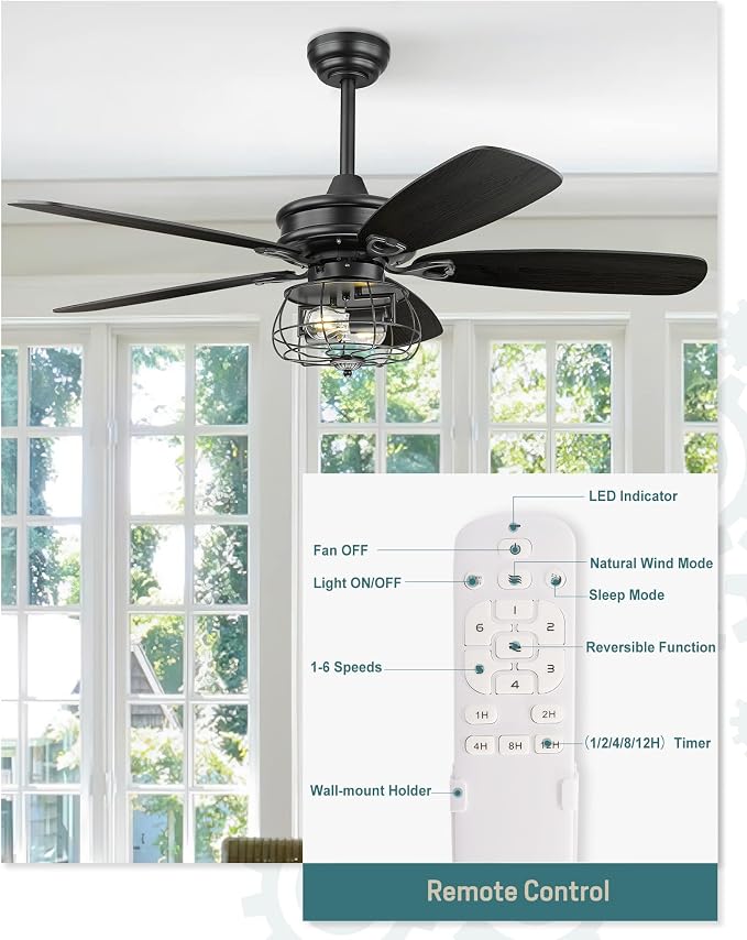 Melkelen Farmhouse Ceiling Fans, 52 Inch Ceiling Fans with Lights and Remote Control, Rustic Barnwood Blades, Industrial Cage Light, Matte Black (MK03-BK)