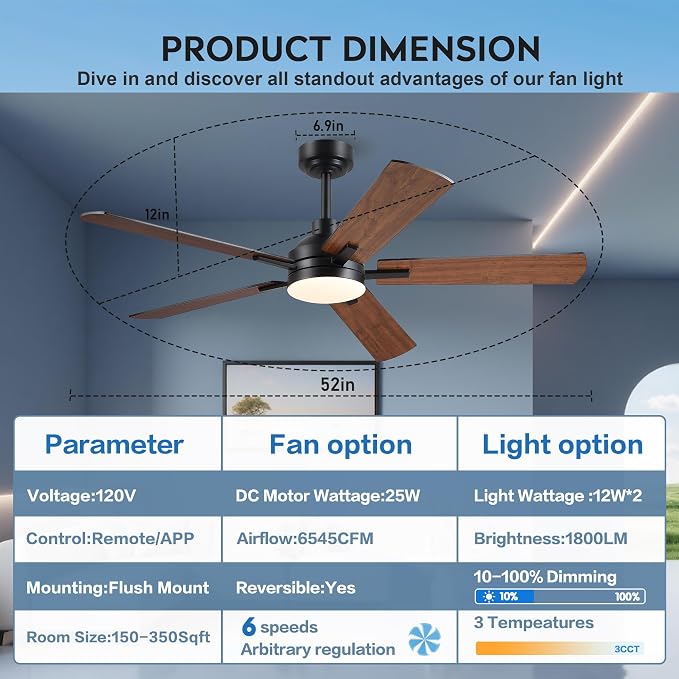 JSAITEE 52 Inch Smart Ceiling Fan with Lights, Remote & App Control, DC Reversible Motor, 6 Speeds Quiet 35dB, 3CCT Dimmable LED, Low Profile Modern Ceiling Fans for Bedroom Living Room, Brown