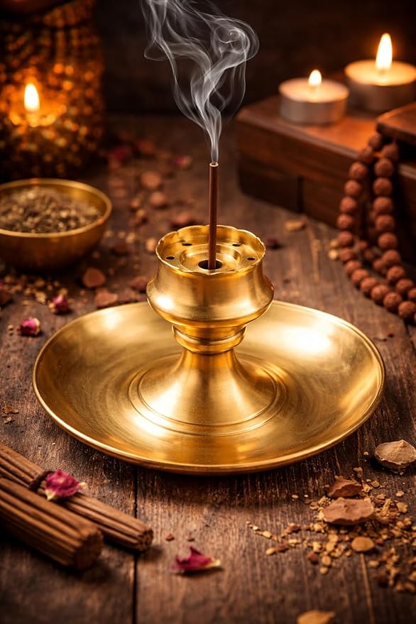 Brass Incense Holder Lotus Stick Incense Burner and Cone Holder with Ash Catcher Agarbatti Stand Artistic Lotus Plate Tray for Pooja Indian Traditional Festival New Year Decor (Size:-3.5")(Golden)