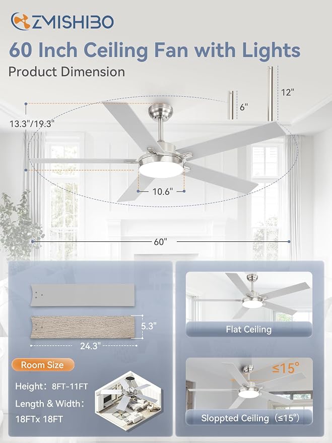 ZMISHIBO 60 Inch Ceiling Fans with Lights, Smart Remote/APP Control, Modern Ceiling Fan with 6 Speeds & 3CCT, Dimmable 30W LED, Quiet DC Motor, Noiseless for Living Room, Bedroom, Kitchen, Nickel