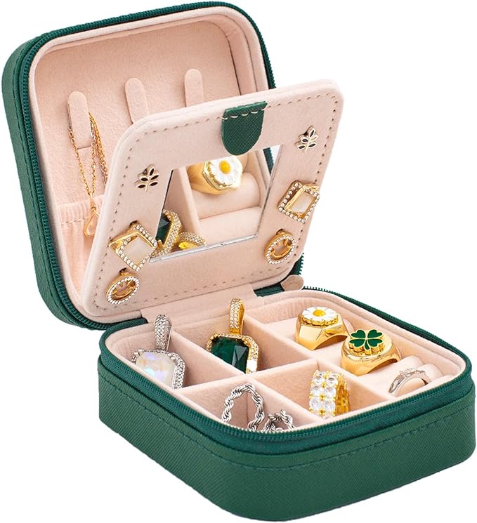 KElofoN Travel jewelry case Travel jewelry box Travel Jewelry Organizer Small box Gift for Girls Women with Mirror(Green)