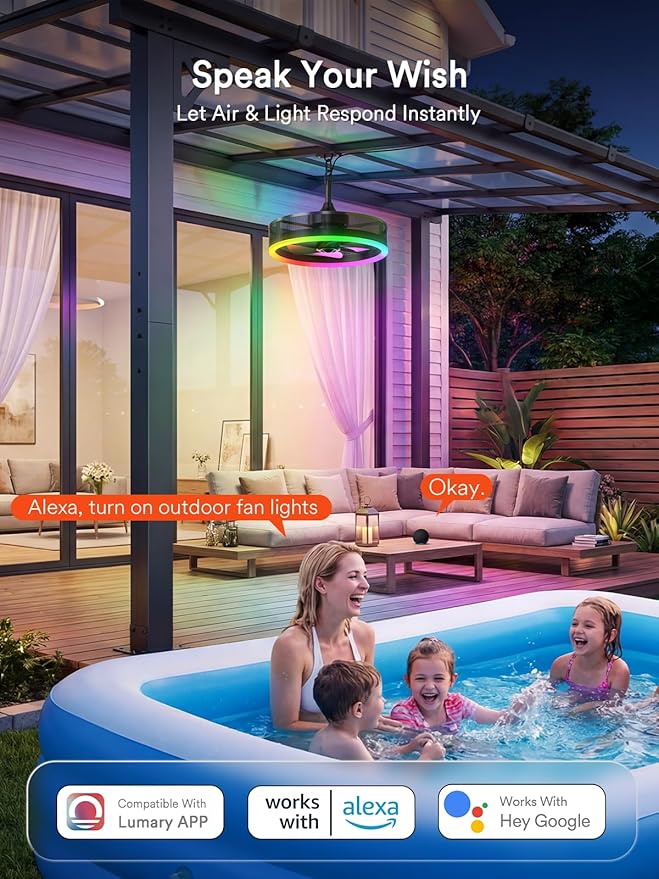 Lumary Smart Gazebo Ceiling Fans with Color Lights for Patios Outdoor, 20in | RGBAI+White Dimmable, Wi-Fi Bluetooth Connect, Work with Alexa/Google/APP, Waterproof Plug in Ceiling Fan with Hook/Remote