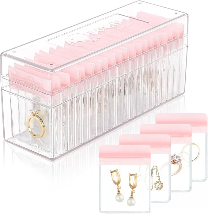 HOMEHIVE Acrylic Jewelry Box Organizer, Clear Jewelry Organizer Holder with 20 Portable Anti Tarnish Jewelry bags, Travel Jewelry Case for Earrings/Rings/Necklaces for Women Girls, Pink