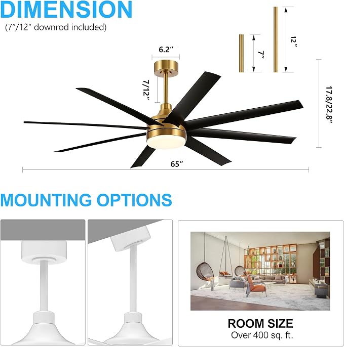 65 Inch Ceiling Fans with Lights and Remote, 8 ABS Blades, Quiet Reversible DC Motor, 6-Speed, Timer, 2 Downrods, 3 Color Led Light, Industrial Ceiling Fans Fandelier for Bedroom Office (Gold & Black)