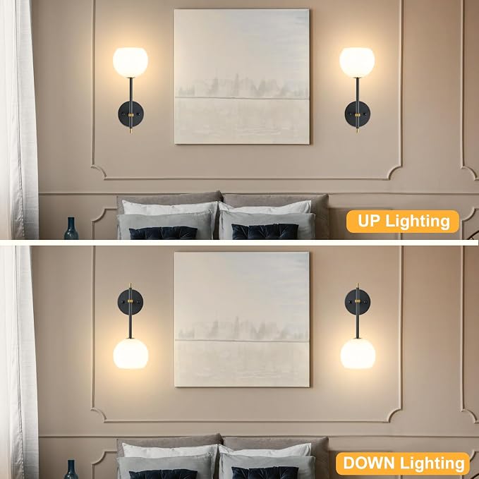 Black Gold Battery Operated Wall Sconces Set of 2, Rechargeable Wireless Wall Lights with Milky White Frosted Glass, 12 RGB and 3CCT Dimmable, Wall Lamps with Remote for Bedroom Living Room Hallway