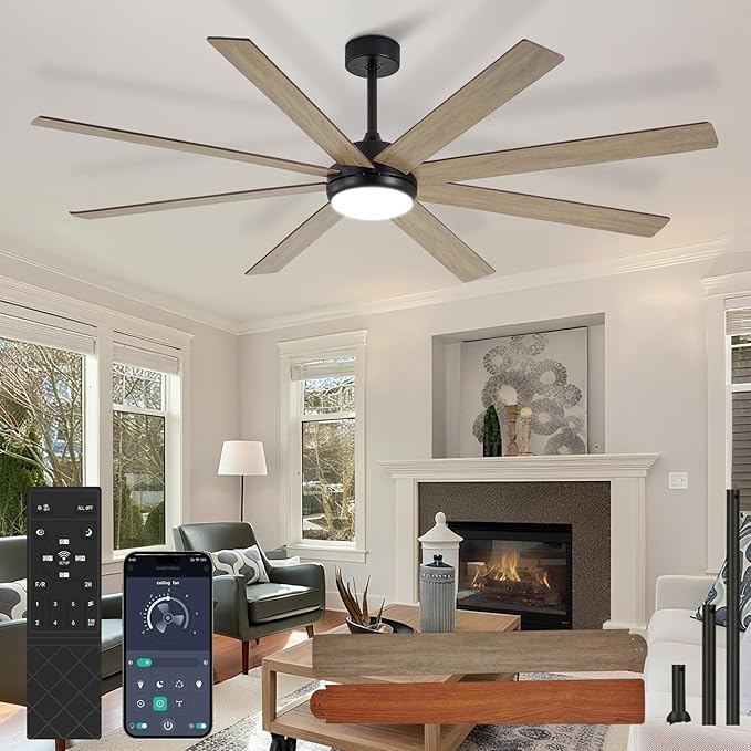 Large Ceiling Fan with Light: 66 Inch Indoor/Outdoor Fan Reversible DC Motor 6 Speed - Dual 8 Blades Big Ceiling Fans with Lights Dimmable 3CCT for Living Room Covered Patio, Wooden