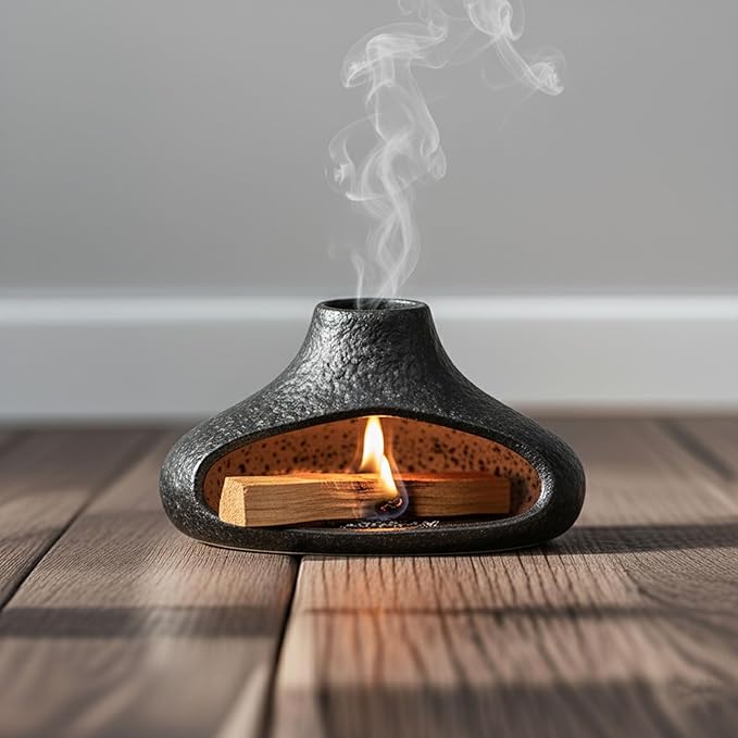 Holder Incense Burner-Mini Ceramic Fireplace,Handmade Smudge,with Chimney,for Sage,Palo Santo,Aromatic Ash Tray for Home Decor, Anxiety Relief & Valentine's Day Meditation Gifts for Women (Black)