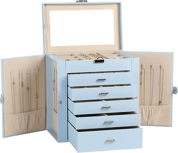 Frebeauty 6-Layer Jewelry Box for Women,Large Jewelry Organizer with Drawer | Faux Leather,Built-in Mirror,Spacious Jewelry Storage,16 Necklace Hooks,Organizing by Category for Rings Earrings Bracelet