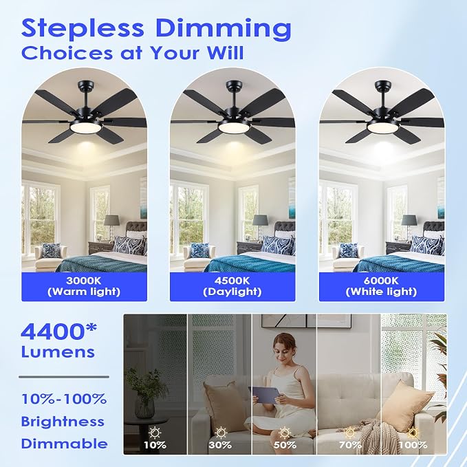 Hounberi 52 Inch Ceiling Fans with Lights and Remote, Modern Black Ceiling Fan with Light, Quiet DC Reversible Motor, 3CCT Dimmable, Modern Indoor Outdoor Ceiling Fan for Bedroom, Living Room