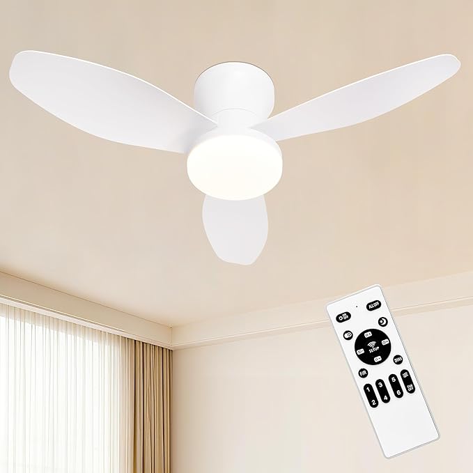 Small 3 Blade Ceiling Fan with Light 32 Inch Flush Mount Fan with Remote | 26W 2600LM 3CCT Low Profile Ceiling Fan Light Fixtures for Garage Closet Kids Room Bedroom Living Room Kitchen Modern White