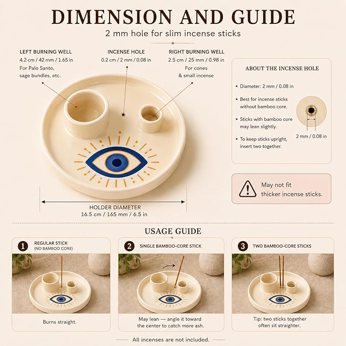 Incense & Palo Santo Holder – 6.5'' Ceramic Sage Burner for Sticks, Bundles, Cones, Candle & Tealight with Ash Catcher – Jewelry Tray, Smudge Pot, Home Décor, Meditation Gift (Blue Eye)