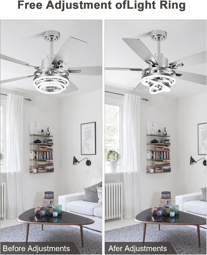Bella Depot 52" Ceiling Fan with Light, Modern Sliver Chandelier Fan with Remote, Rustic Indoor Fandelier Fan with Silent DC Motor for Living Room Bedroom(Chrome)