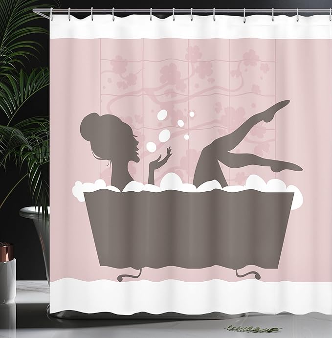Ambesonne Feminine Shower Curtain, Woman in Bath Tub Spa Treatment Relaxing Concept Vintage Style, Cloth Fabric Bathroom Decor Set with Hooks, 69" W x 84" L, Grey Pink