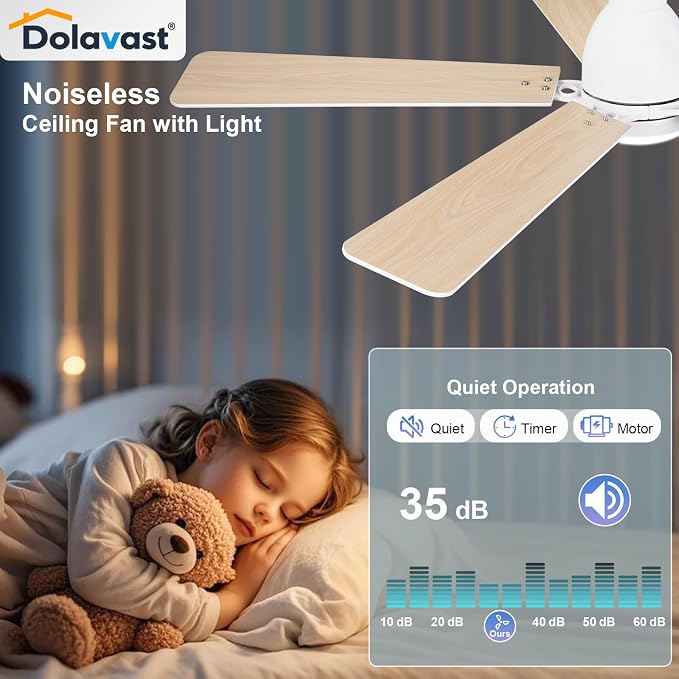 Ceiling Fans with Lights, 60 Inch Low Profile Ceiling Fan with Light and Remote Control, Flush Mount, Reversible, 3CCT, Dimmable LED, Quiet, White Ceiling Fan for Bedroom, Living Room