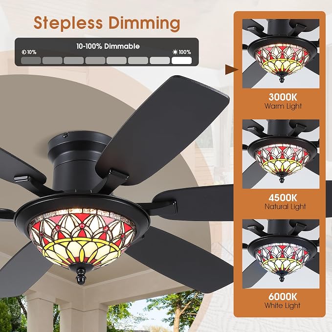 Tiffany Ceiling Fans with Lights - 52" Ceiling Fan Chandelier with Stained Glass Shade, 6 Speeds Reversible 6 Dual-Blades, Flush Mount, 3 CCT Dimmable LED Lights, Remote & APP Control, Retro Style