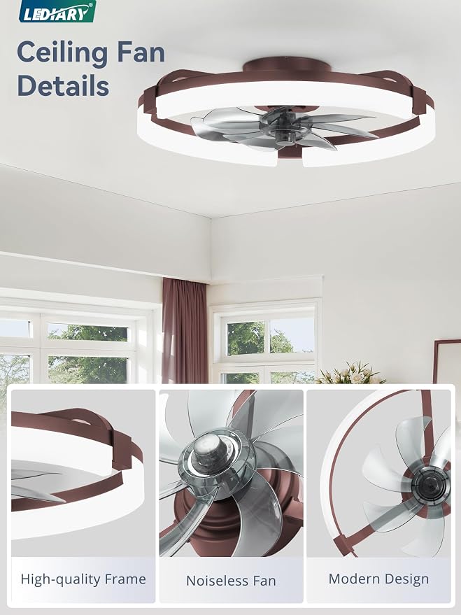 LEDIARY 20" Ceiling Fans with Lights and Remote, Modern Low Profile Ceiling Fan, 3 CCT, Stepless Dimmable, Fandelier Flush Mount Fan Light, 6 Speeds, DC Motor, App & Remote Control for Bedroom(Brown)