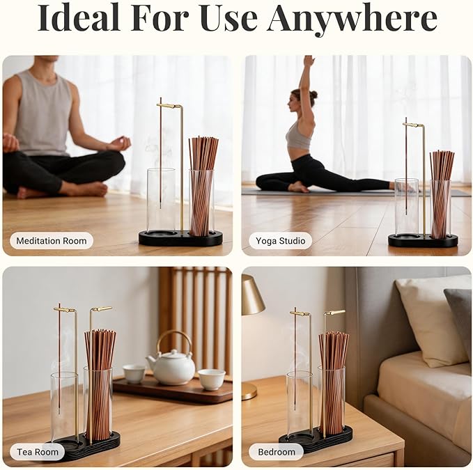 Glass Incense Holder, 2 in 1 Hanging Incense Burner Holder with Ash Catcher & Storage | Cute Boho Decor for Meditation, Yoga, Spa | Stick Incense Holder, Incense Tray Alternative Censer (Black)