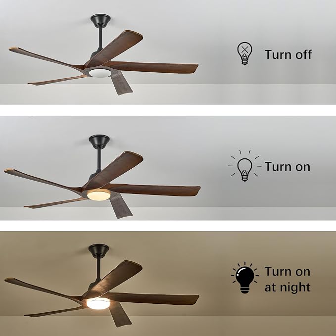 60“ DC Ceiling Fan with Light, Solid Wood Ceiling Fan with Remote and APP Control, 3-color Dimmable, 6-speed Reversible Fans for Bedroom, Living Room, Dark Walnut