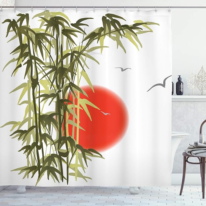 Ambesonne Asian Shower Curtain, Abstract Trees on Sunset Background Design Birds and Sun Image Folk Vibes, Cloth Fabric Bathroom Decor Set with Hooks, 69" W x 75" L, Olive Green Vermilion