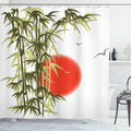 Ambesonne Asian Shower Curtain, Abstract Trees on Sunset Background Design Birds and Sun Image Folk Vibes, Cloth Fabric Bathroom Decor Set with Hooks, 69" W x 75" L, Olive Green Vermilion
