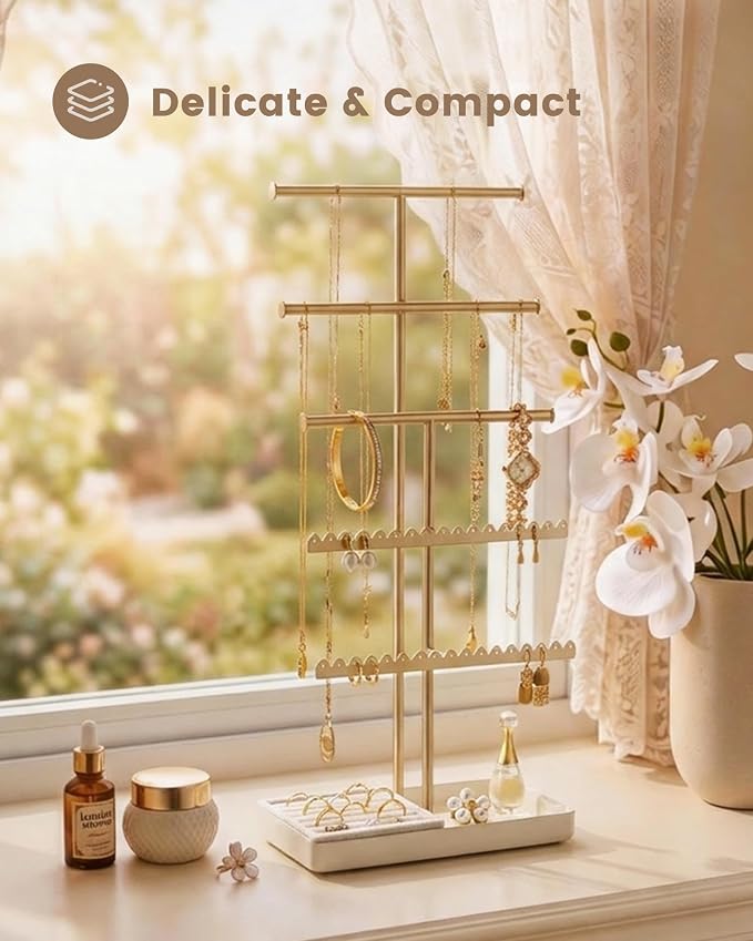 Lolalet 5-Tier Jewelry Organizer Stand, Metal Jewellery Holder, Dresser Display Rack for Necklace Earring Bracelets Rings, Gift for Women Girls -Gold