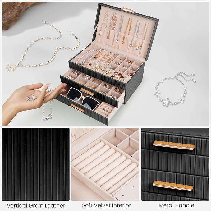 Dajasan Jewelry Box Organizer, 3-Tier Jewelry Storage with 2 Drawers, Large Jewelry Boxes for Women, PU Leather Surface with Texture, Gift Idea, Modern Style, 10.71 x 7 x 5.6 Inches (Black)