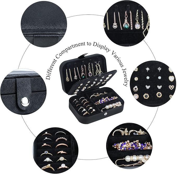 Hatori Travel Jewelry Box, PU Leather Small Jewelry Organizer for Women Girls, Double Layer Portable Mini Travel Case Display Storage Holder Boxes for Stud Earrings, Rings (Black02)