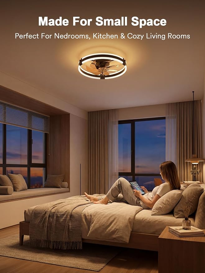 Bladeless Ceiling Fan with Light, 20 Inch Low Profile Flush Mount Fan 2Pack | Modern Small Ceiling Fan with Dimmable Light, 6 Speeds, Reversible Airflow, App and Remote Control for Dedroom Black