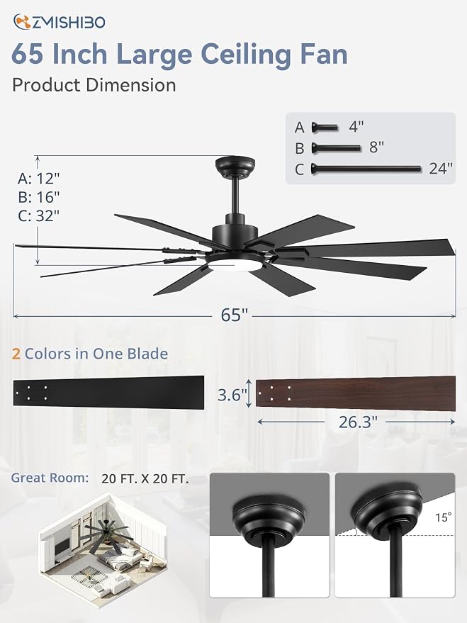 ZMISHIBO 65" Black Ceiling Fan with Dimmable 3000-6000K Light and Remote | 65 Inch Large Ceiling Fan, Quiet Reversible DC Motor, 6 Speeds, 8-Blades, Great for Living Room, Bedroom, Covered Patio