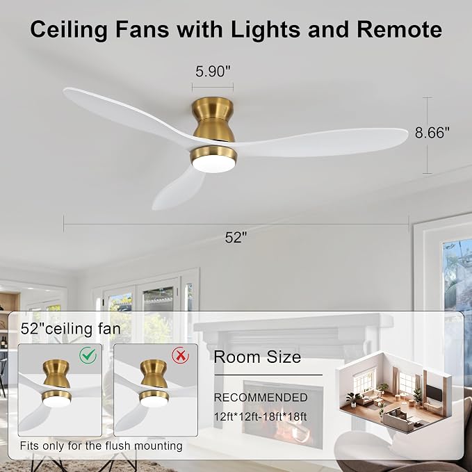 52 Inch White Ceiling Fan with Light and Remote & APP Control, 3 Wooden Blades, 6 Wind Speeds, Quiet DC Motor, Indoor Low Profile Ceiling Fan for Bedroom Living Room Farmhouse Patio