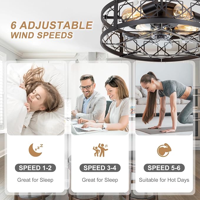 ZYD Caged Ceiling Fan with Light, 20" Ceiling Fan with Lights and Remote Flush Mount, Bladeless Caged Ceiling Fans with Lights, Matte Black Rustic Fan for Bedroom, Kitchen, Dining Room