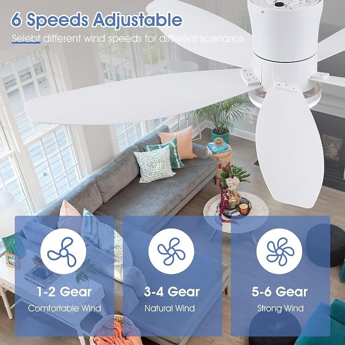 Surtime 48" Ceiling Fans with Lights-Low Profile Ceiling Fan with Light and Remote/APP Control,Flush Mount,DC Reversible,LED Dimmable Modern Ceiling Fans for Bedroom,Indoor/Outdoor Patio Use(White)