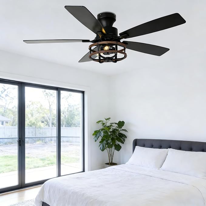 52" Flush Mount Farmhouse Ceiling Fan with Lights and Remote | Rustic Caged Fandelier Ceiling Fan, 5 Dual Blades Chandelier for Bedroom Living Room Dining Room, 3 E12 Bulbs (Not Included)