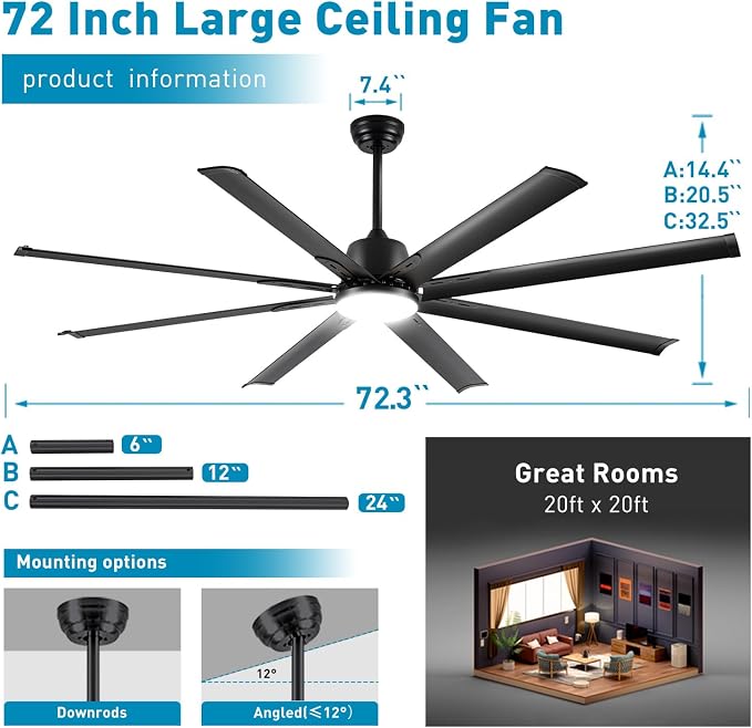 72 lnch lndustrial Celing Fan with Light and Remote Control,Large Celing Fan with 8 Black Aluminum Blades,6 Speed Noiseless DC Motor,Wet Rated Indoor Outdoor Ceiling Fans for Patio,Garage,Exterio