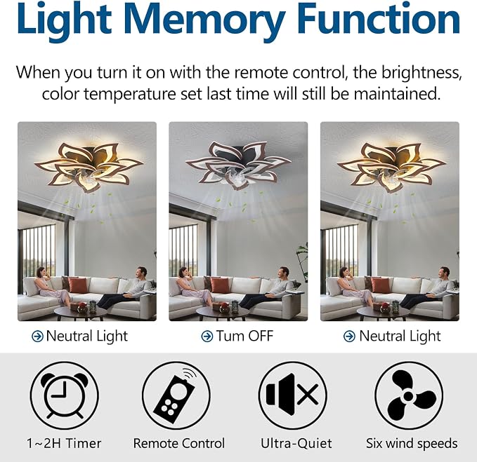 Modern Ceiling Fan with Lights Remote Control, 32" Wood 6 Speeds 3 Light Color Low Profile Flush Mount Ceiling Fan for Kitchen Bedroom