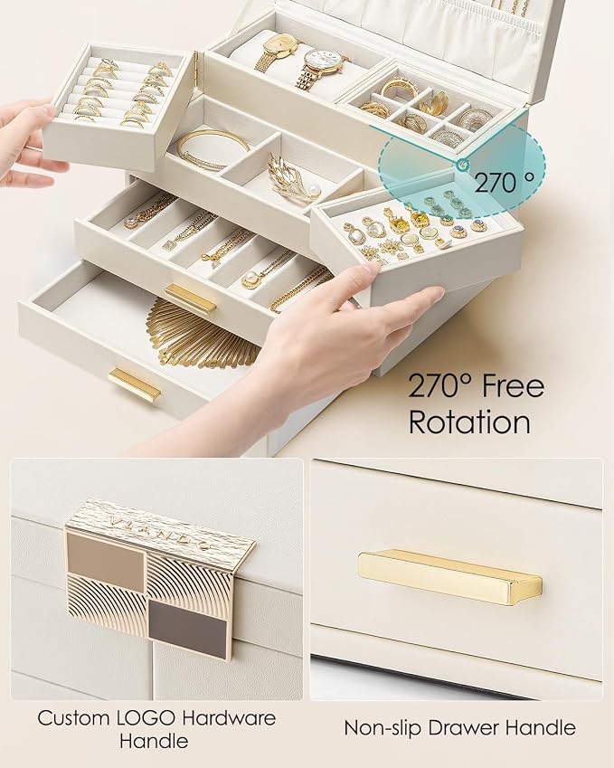 VLANDO 4 Layers Jewelry Box - Women Jewelry Box with Retractable Tray - Jewelry Organizer with Drawer for Necklaces, Rings, Bracelets, Earrings, Valentines Gift for Mom Girls - Cloud White