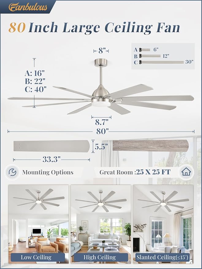 Fanbulous 80 Inch Ceiling Fans with Lights,Nickel Modern Ceiling Fan with Remote,Large Farmhouse Indoor & Outdoor Ceiling Fan with 8 Dual Finish Blades, Quiet DC Motor, Bright LED Light