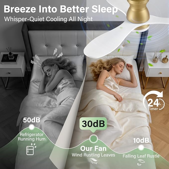 42" Wood Ceiling Fans with Lights Remote,Smart Control via WIFI Voice Alexa APP,White and Gold Flush Mount Ceiling Fan,Dimmable,6 speed,Quiet Motor,Outdoor Indoor Low Profile Fan for Bedroom,Patio