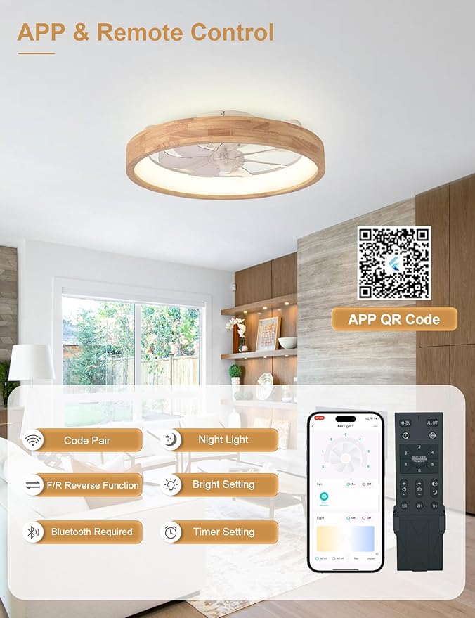 20'' Low Profile Ceiling Fans with Lights Modern Flush Mount Wood Ceiling Fan and Remote Dimmable LED