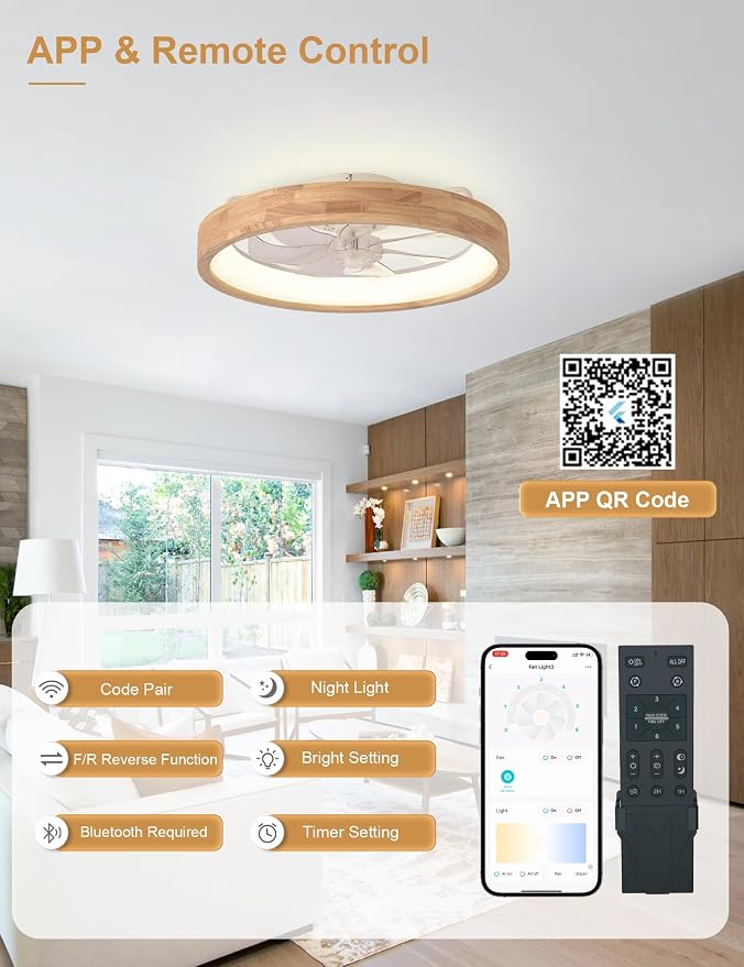 24'' Ceiling Fan with Light Fandelier Flush Mount Low Profile Wood Ceiling Fan with Dimmable LED Light 3 Color 6 Speeds