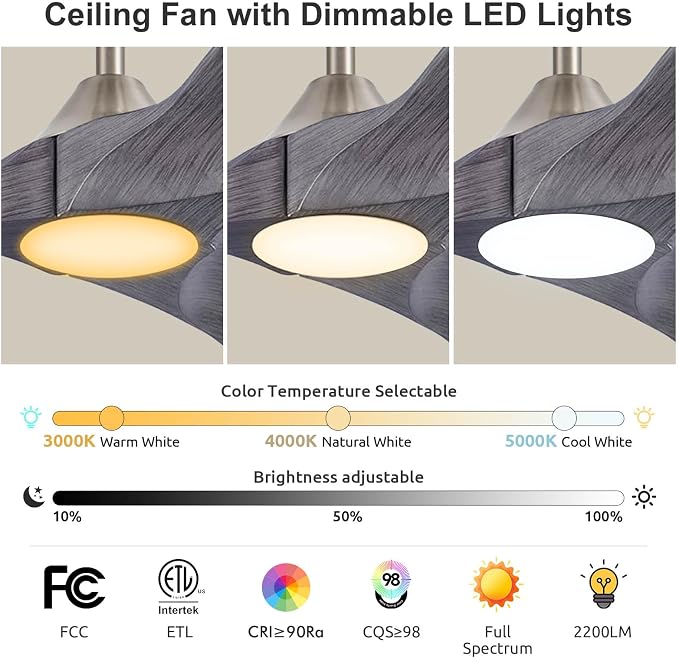 52 inch Ceiling Fans with Lights Solid Wood Outdoor Smart Ceiling Fan for Patio with Alexa/Tuya App, 3 Gray Propeller Blades, High CFM Ceiling Fan for Living Room Bedroom Gazebo, ETL Listed