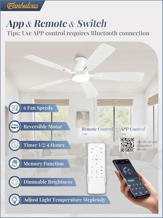 Fanbulous 52 inch Ceiling Fans with Lights, Smart Flush Mount Ceiling Fan and Remote APP, Modern Low Profile, 3CCT 20W LED with 6-Speeds Quiet Reversible Motor for Bedroom, Living Room, Kitchen, White