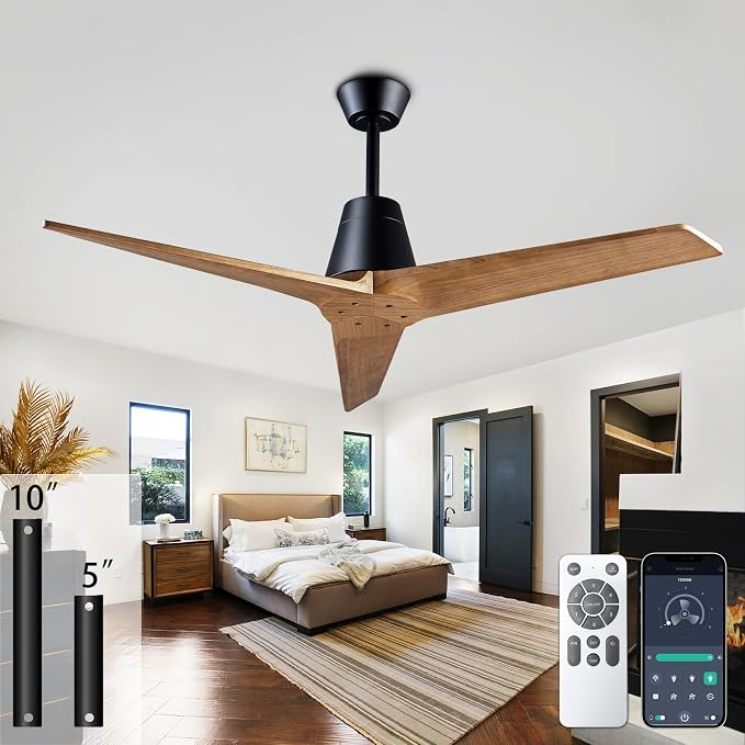 52 Inch Solid Wood 3 Blades Outdoor Ceiling Fan No Light DC Remote Control | solid sycamore blades, reversible dc motor, 6-speed timer remote, no light, for bedroom patio indoor outdoor spaces