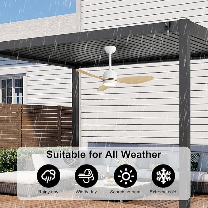 WINGBO 42" Outdoor Ceiling Fans with Lights, Wet Rated Waterproof Indoor Ceiling Fan with Remote, 3 ABS Blades Modern Ceiling Fan,Quiet 6-Speed DC Motor, for Porch Patios Bathroom, White+Light Wood