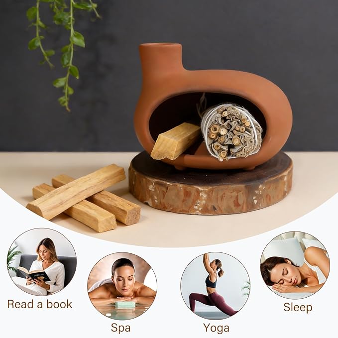 MOUGIGI Handmade Terracotta Orange-red Palo Santo Holder - Mini Chiminea Incense Burner Chimney for Palo Santo Sticks, Sage & Cones - Smudge Bowl for Energy Cleansing,Meditation & Aromatherapy Gifts