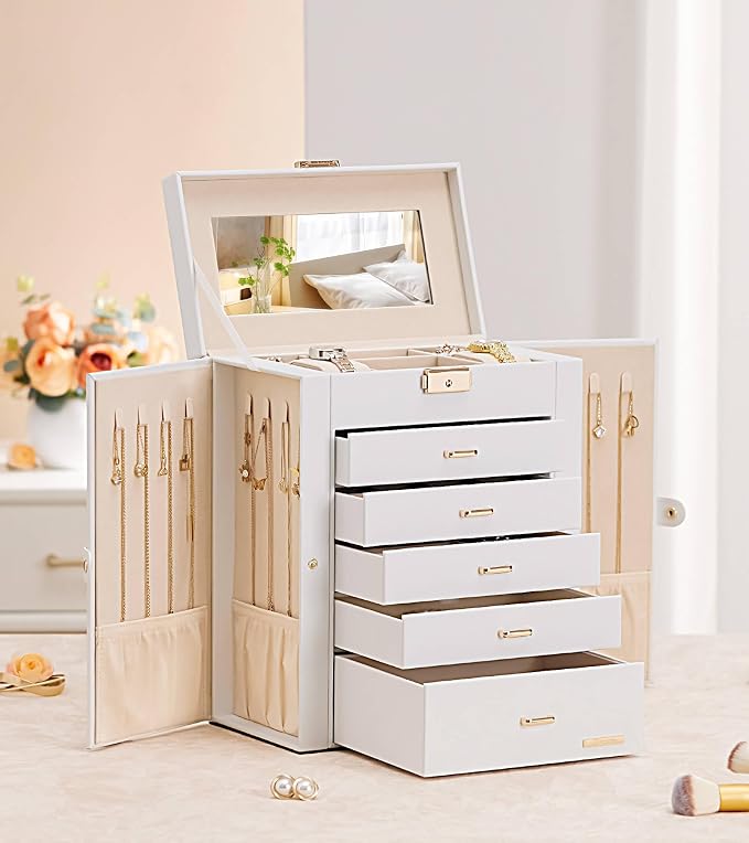 Homde Jewelry Box Large for Women: 6 Layers 5 Drawers Organizer with Mirror for Ring Earring Necklace - Storage Holder with Lock for Dresser - Ideal Gift Case (White)